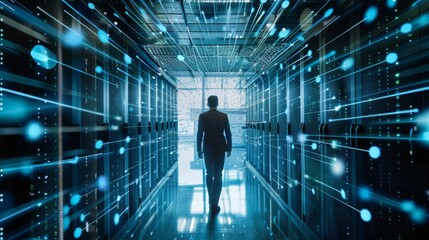 Businessman with virtual cyber security technology and online data protection for security of data storage used by global business network server to secure cyber information 