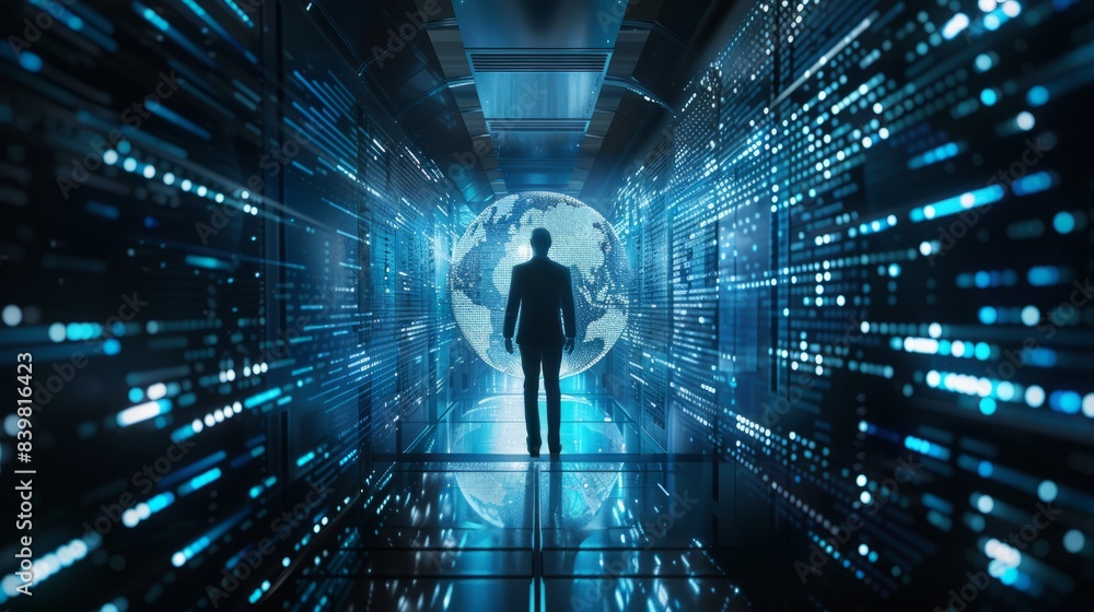 Poster businessman with virtual cyber security technology and online data protection for security of data s