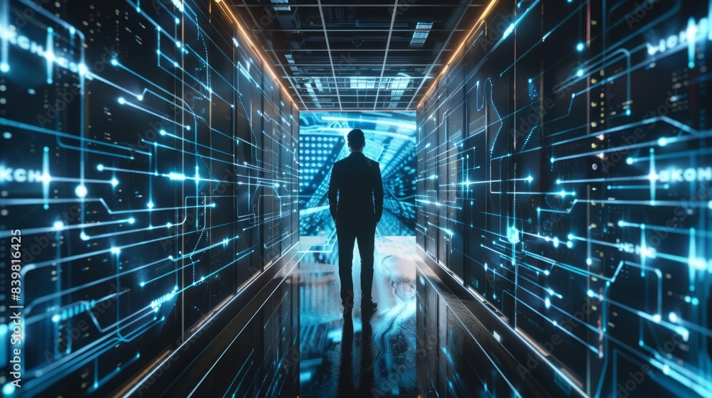 Poster businessman with virtual cyber security technology and online data protection for security of data s