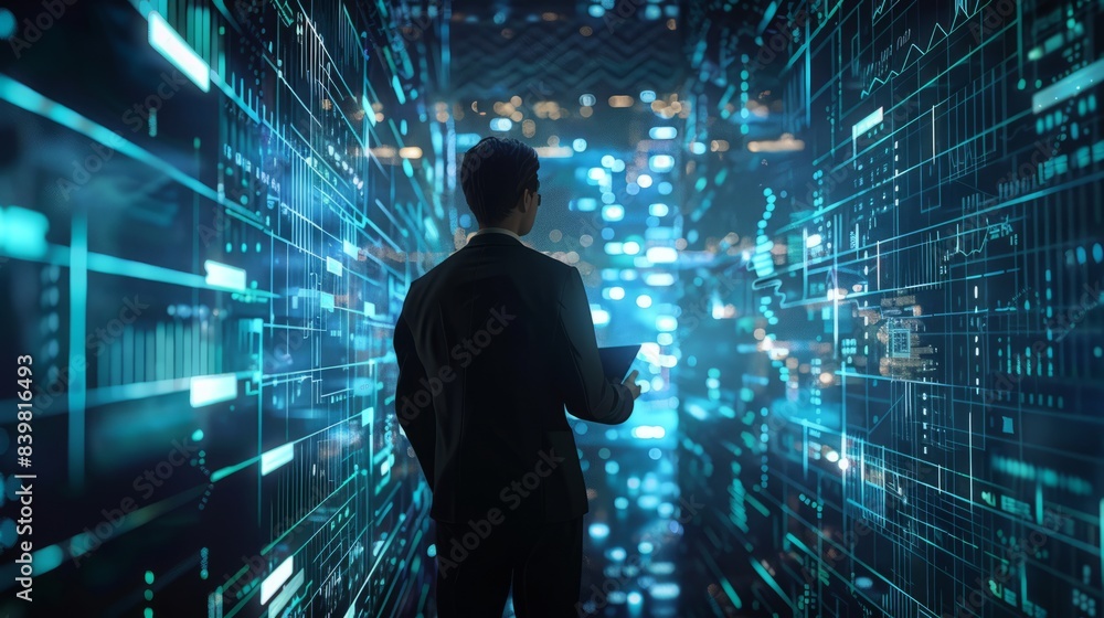 Poster businessman with virtual cyber security technology and online data protection for security of data s