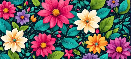 Lush Floral Pattern with Vivid Flowers and Leaves - Background for Invitation or Mother's Day Card

