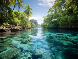 Tropical Paradise with Crystal Clear Water and Lush Greenery