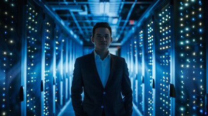 Businessman with virtual cyber security technology and online data protection for security of data storage used by global business network server to secure cyber information 