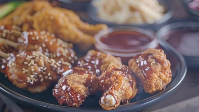 chicken with vegetables fried korean cripy chicken, crispy fried chicken, fried food, korean Barbq sauce, made with Ai generative technology, stock video, food stock videos, 4k video