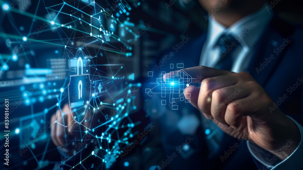 Poster businessman with virtual cyber security technology and online data protection for security of data s