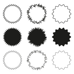 Abstract starburst icons. Vector circular shapes. Black and white design. Various spiked patterns.