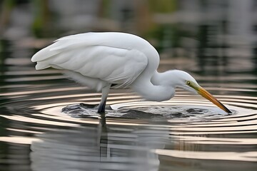 Obraz premium Egret standing in water, fishing with its long beak.
