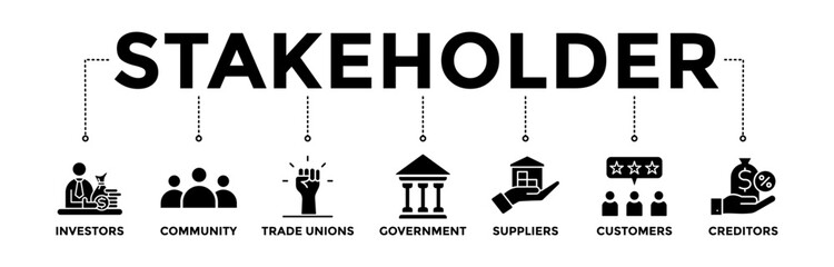 Stakeholder relationship banner icons set for stakeholder, investor, government, and creditors with glyph style icon of community, trade unions, suppliers, and customers	