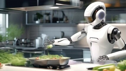 A sleek robot chef is seen preparing fresh ingredients in a modern kitchen, highlighting the integration of advanced robotics in daily life 4k video 