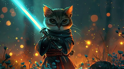 Funny cat in clothes and with a glowing sword, cute pet for background, 