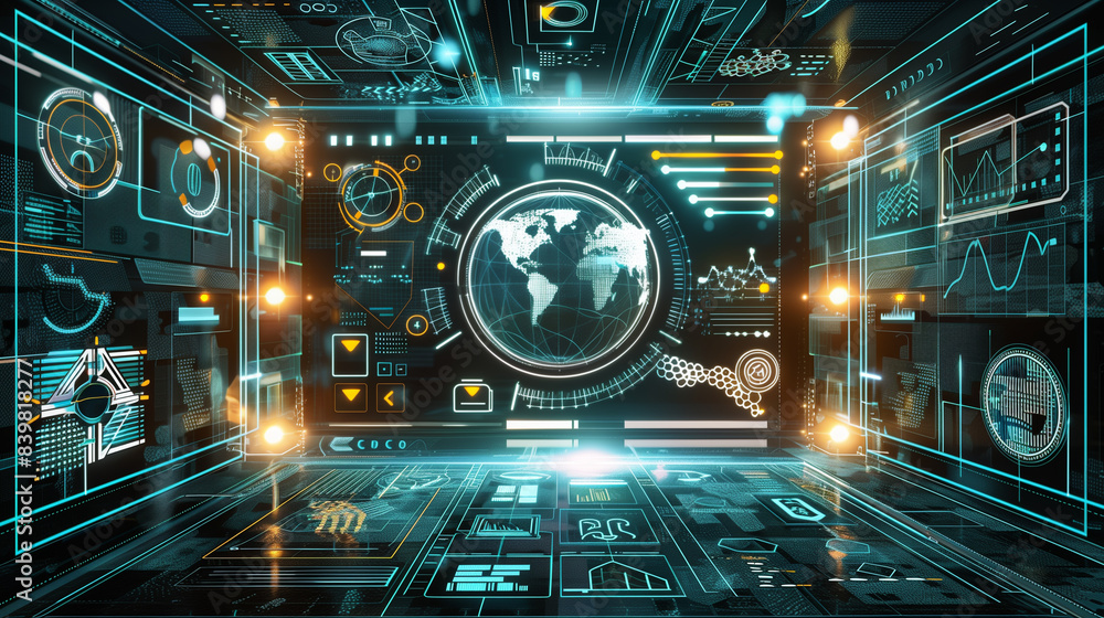 Poster digital data management system software technology hologram, futuristic business managing software t