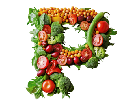 Letter P made from various fresh vegetables including tomatoes, broccoli, and spinach, perfect for healthy food and vegan concepts.