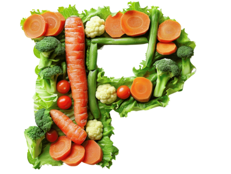 Letter P composed of various fresh vegetables including broccoli, carrots, cauliflower, and cherry tomatoes on a white background.