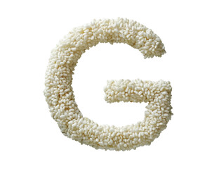 A creative 'G' made from rice grains against a white background, ideal for culinary, creative, and educational projects.