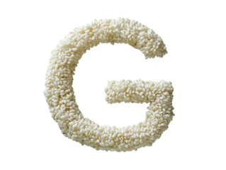 A creative 'G' made from rice grains against a white background, ideal for culinary, creative, and educational projects.