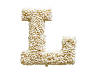 Alphabet L shaped object made of small white cereal or grain balls, isolated on a white background, food art or typography concept.