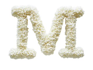 Letter M shaped from rice grains, isolated on white background, creative food typography, alphabet concept image.