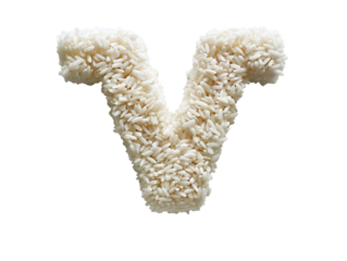 Letter V made of scattered rice grains on a white background, creating a unique and creative alphabet letter design.