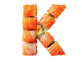 Letter K formed with sushi pieces, featuring fresh salmon, avocado, and rice on a clean white background.