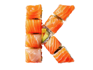 Letter K formed with sushi pieces, featuring fresh salmon, avocado, and rice on a clean white background.