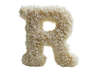 Creative arrangement of raw rice grains forming the letter 'R', isolated on a transparent background. Ideal for culinary and typography themes.