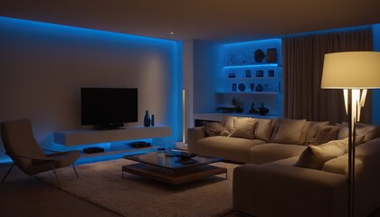 Modern Bedroom Interior At Night With Neon Light. Messy Bed, Clothes In Closet, Armchairs And Floor Lamp.