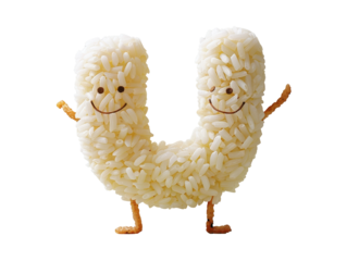 Creative rice art shaped as a smiling letter U with limbs; fun and unique food art concept perfect for educational and design purposes.
