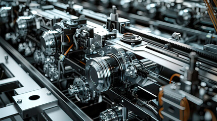 Fototapeta premium Mass production assembly line of electric vehicle close-up view.