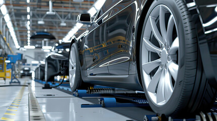 Fototapeta premium Mass production assembly line of electric vehicle close-up view.
