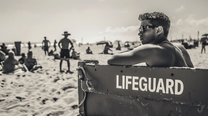 Lifeguard on duty in black and white stands at beach guard post, watching over crowded people enjoying sun and surf
