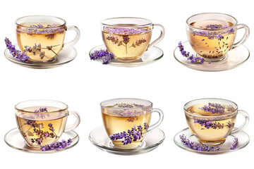 Set of Lavender Tea With Floating Lavender Buds isolated on transparent png background. Generative ai