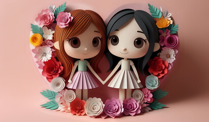 Cute girl LGBTQ couple holding hands in front of hearts made of paper flowers paper cut style	
