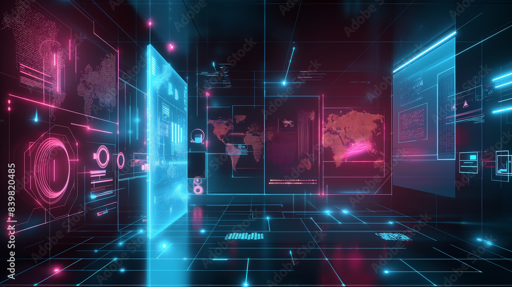 Poster digital data management system software technology hologram, futuristic business managing software t