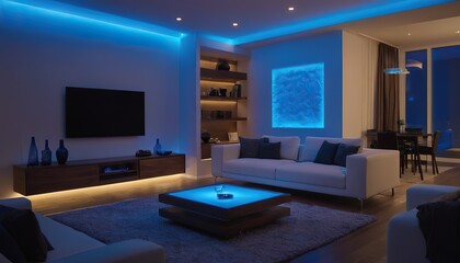 Modern luxury bed room night view blue led light