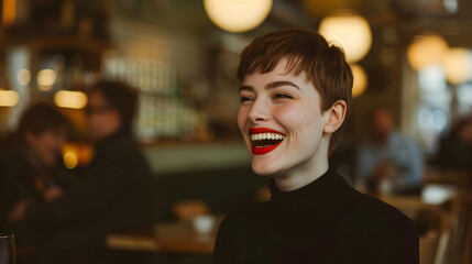 Portrait of a cute woman laughing, short pixie cut hair, bright red lipstick, wearing a black turtleneck, sitting in a cozy cafe with warm ambient lighting and a blurred background of patrons