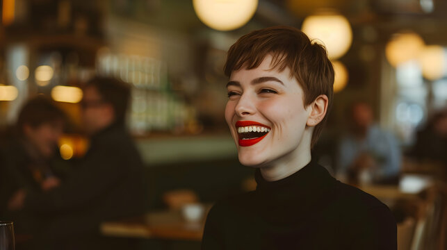 Portrait of a cute woman laughing, short pixie cut hair, bright red lipstick, wearing a black turtleneck, sitting in a cozy cafe with warm ambient lighting and a blurred background of patrons