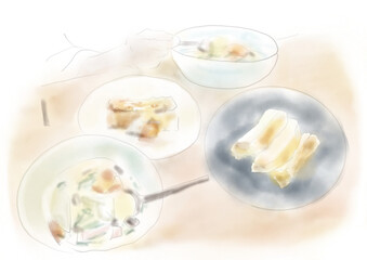 シチューとパンの食卓手描きイラスト