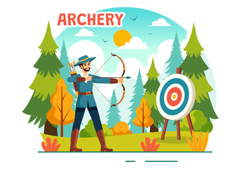 Fototapeta premium Vector Illustration of Archery Sport with a Bow and Arrow Aiming at a Target, Depicting an Outdoor Recreational Activity in a Flat Cartoon Background