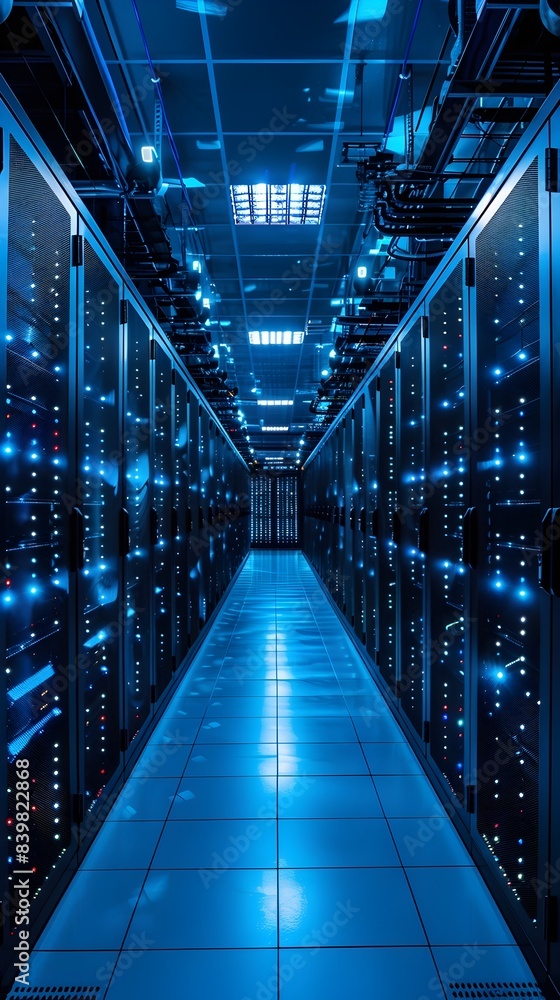 Aufkleber high tech data center with rows of servers and blue led lights