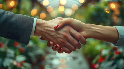 Business handshake of male and female hands in suits in a business green office