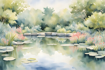Delicate watercolors illustrate a serene pond surrounded by lush greenery and blooming flowers, with gentle reflections and a sense of quiet solitude.