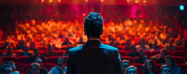 A man in a suit giving a presentation on stage to a large audience