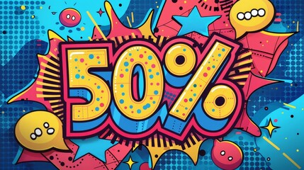 Obraz premium A sticker with comic style text 50% on a white background featuring colorful cartoon patterns and speech bubbles