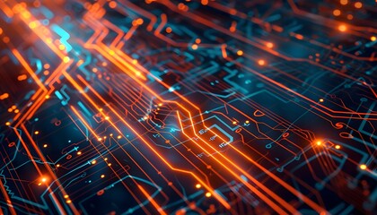Fototapeta premium Illuminated lines and particleson futuristic digital circuit board. Modern tech concept.