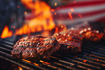 Sizzling patty on a grill with American flag in background. Summer cookout vibes.