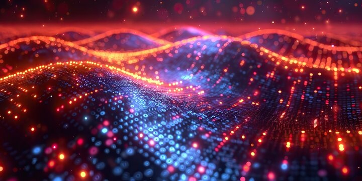 A 3D-rendered digital matrix with binary code flowing through the background.