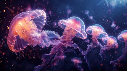 Naklejka premium Beautiful background of exotic light from jellyfish in the deep blue ocean.