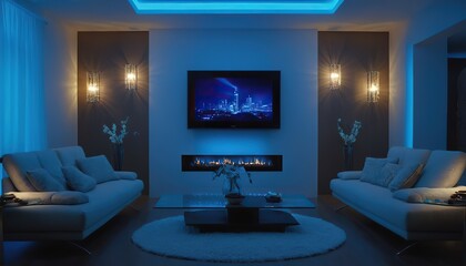 Fototapeta premium Modern living Interior At Night With Neon Light. Messy Bed, Clothes In Closet, Armchairs And Floor Lamp.
