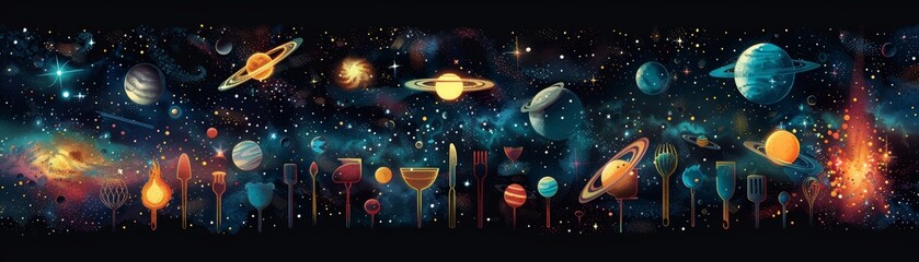 Naklejka premium A stunning celestial artwork depicting various planets, stars, and galaxies in a vibrant and colorful cosmic scene.