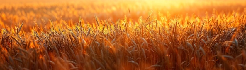 Golden wheat field illuminated by the warm glow of a sunset, capturing the beauty of nature and the serene rural landscape.